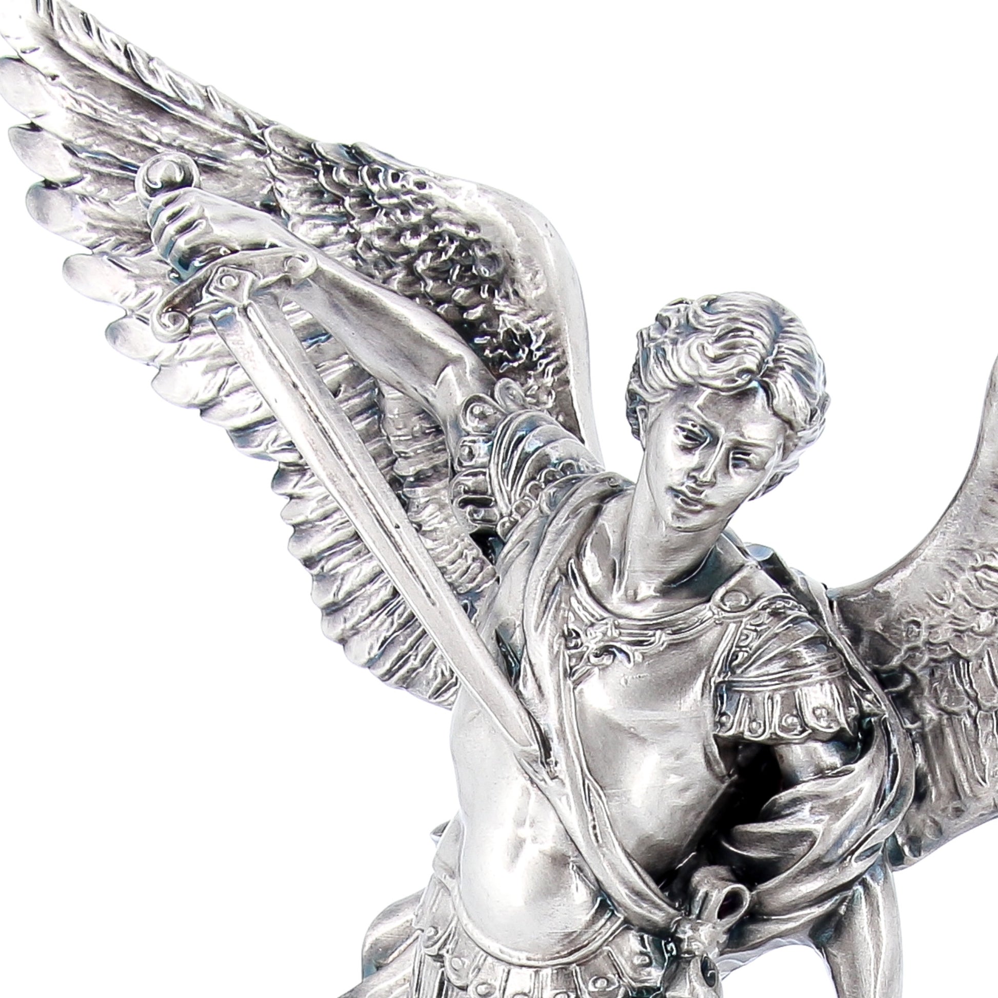 Statua San Michele in resina argentata e base ulivo. Altezza 23 cm