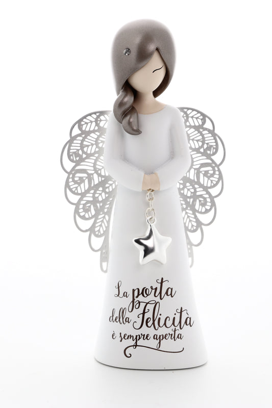 Statua in resina con ali in metallo You Are an Angel - La porta della felicità è sempre aperta  h. 12,5 cm