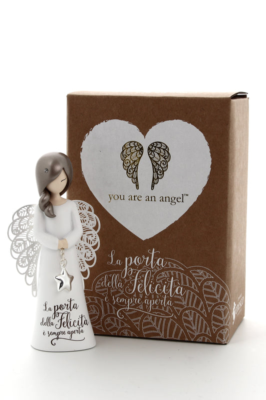 Statua in resina con ali in metallo You Are an Angel - La porta della felicità è sempre aperta  h. 12,5 cm