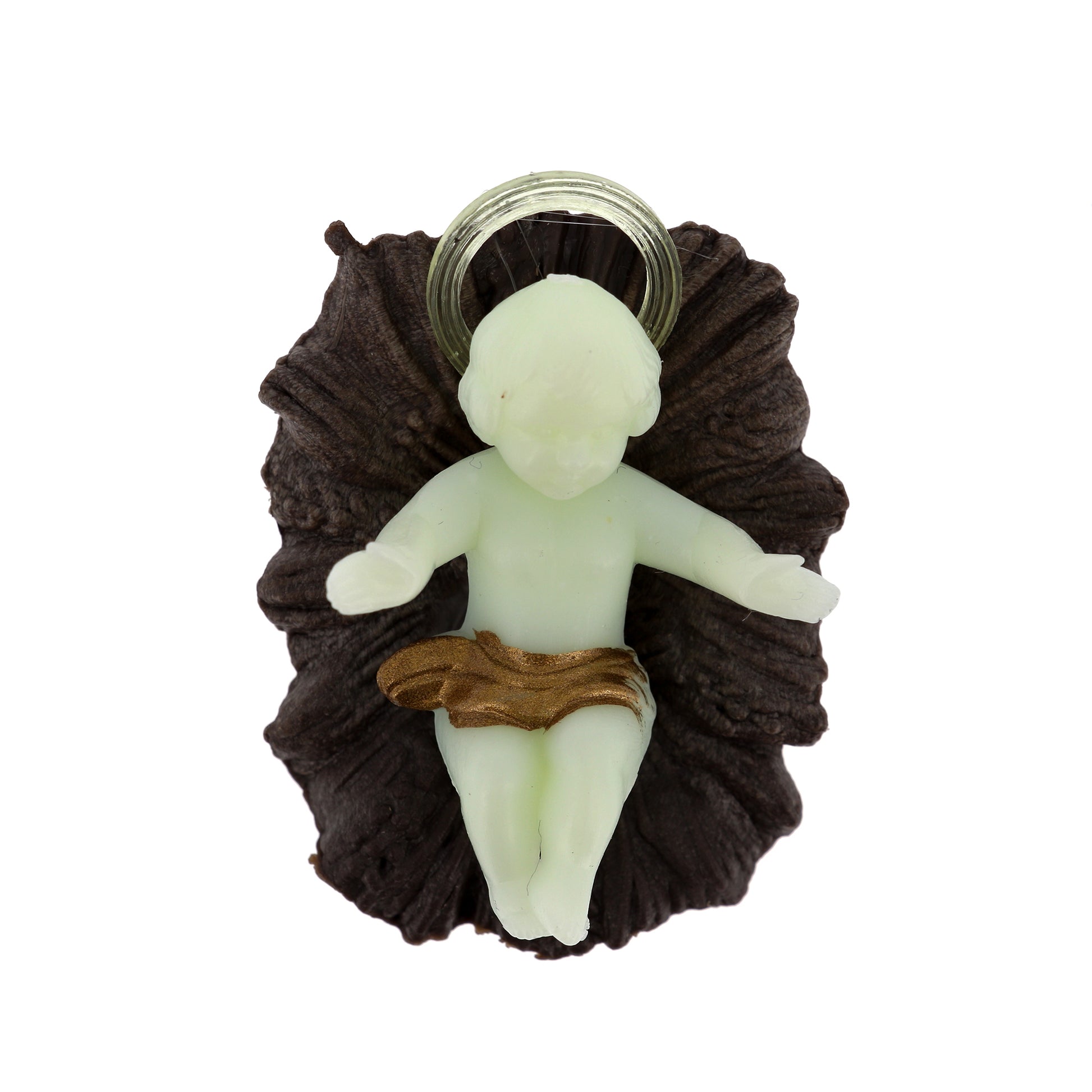 Gesù Bambino in plastica su mangiatoia. Dimensioni 3x4,5 cm