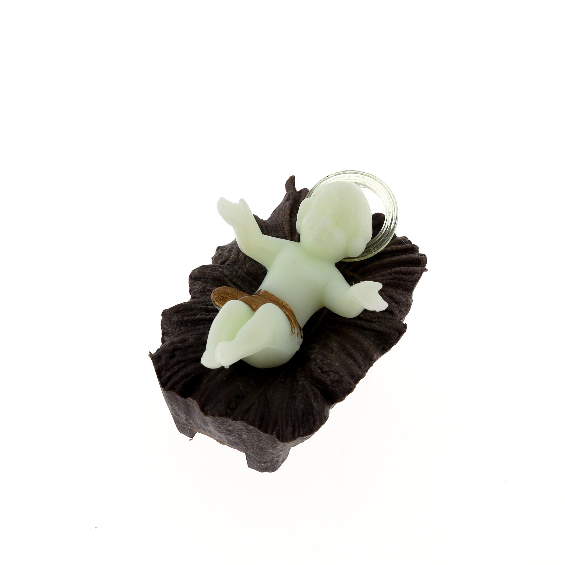 Gesù Bambino in plastica su mangiatoia. Dimensioni 3x4,5 cm