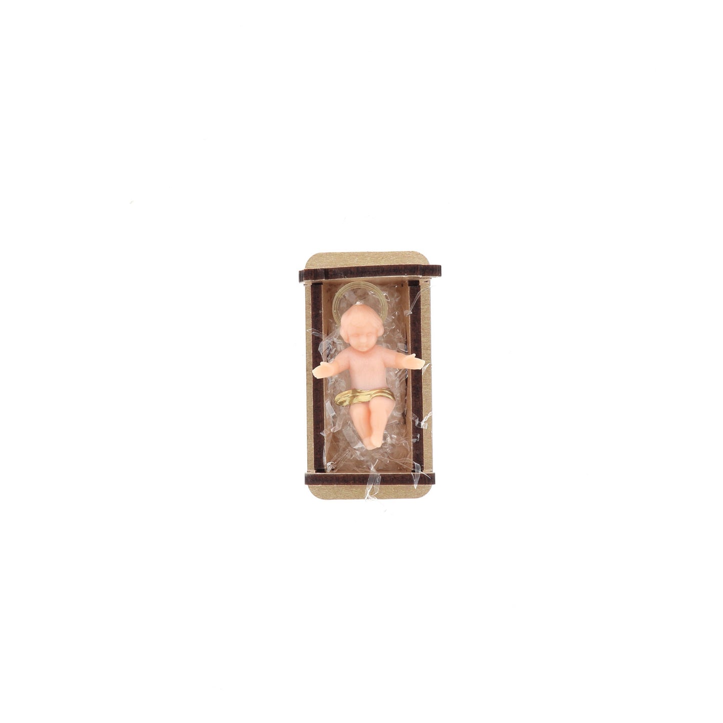 Statua Gesù Bambino in plastica su culla in legno. Altezza 4 cm