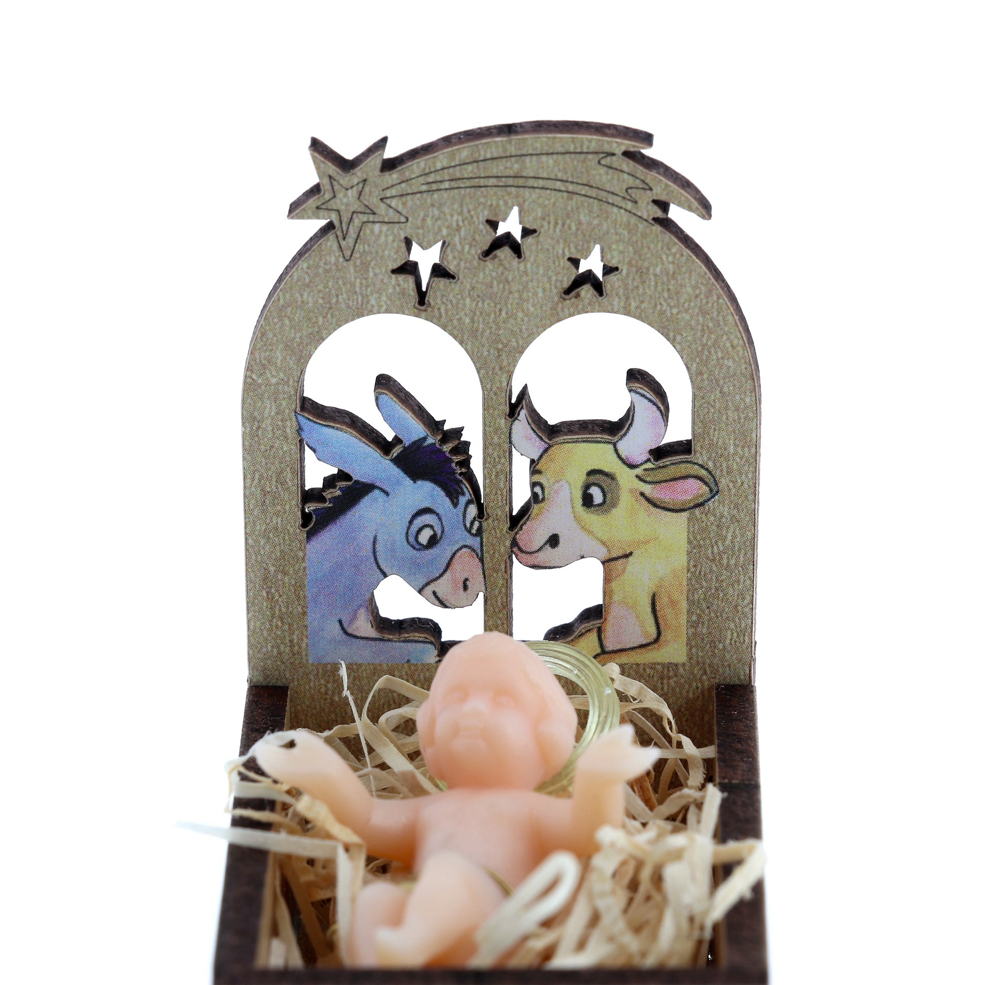 Statua Gesu' Bambino in plastica su culla in legno. Dimensioni 3,5x5 cm
