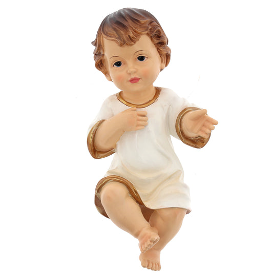 Statua Gesù Bambino vestito, in resina. Altezza 21 cm