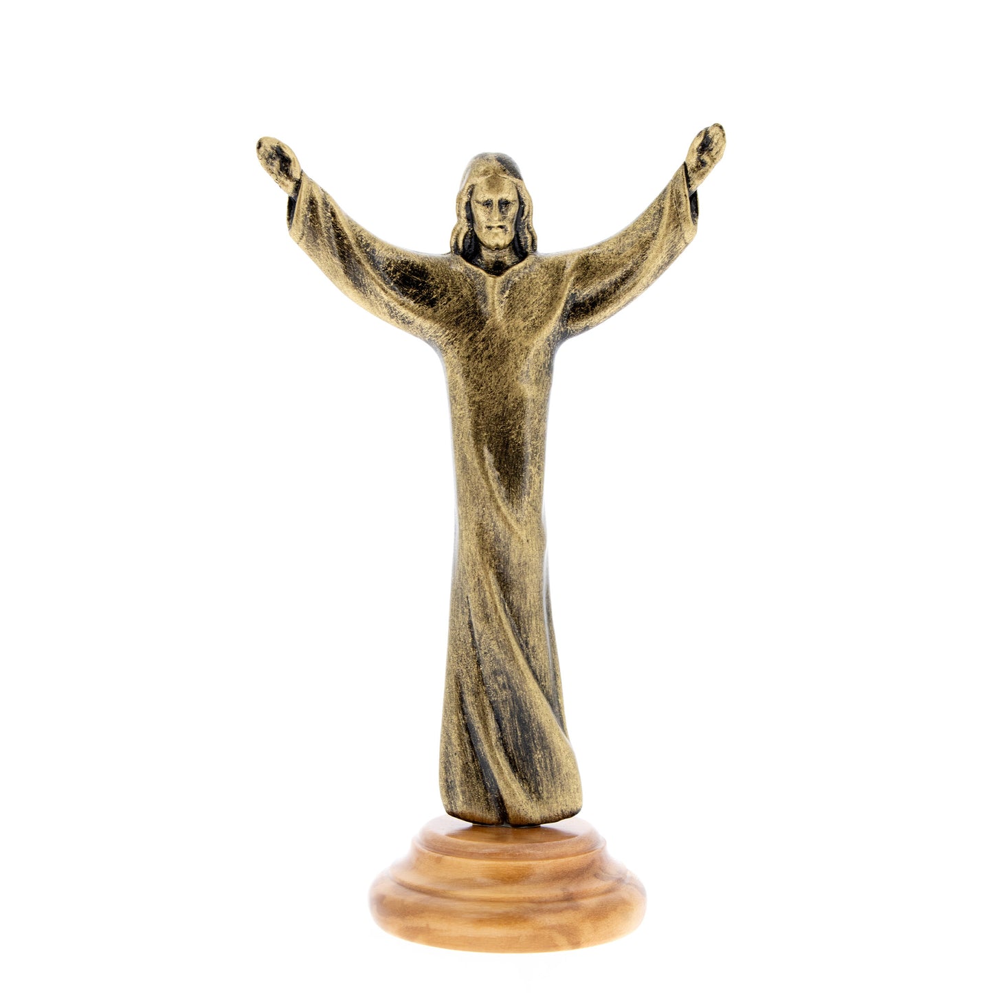 Statua Cristo Risorto in metallo bronzato e base in legno d'ulivo. Altezza 11 cm