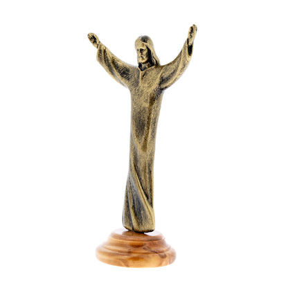 Statua Cristo Risorto in metallo bronzato e base in legno d'ulivo. Altezza 11 cm