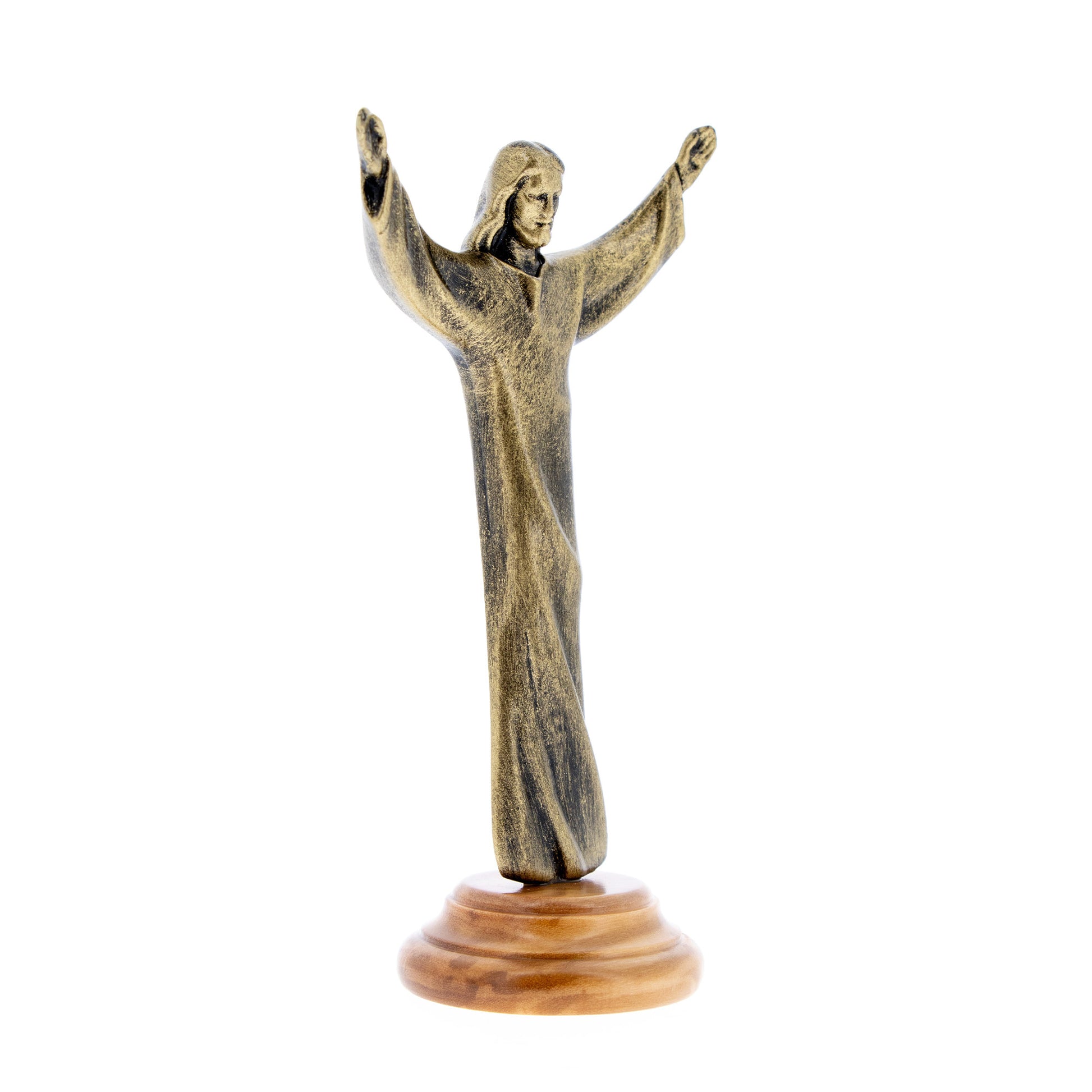 Statua Cristo Risorto in metallo bronzato e base in legno d'ulivo. Altezza 11 cm