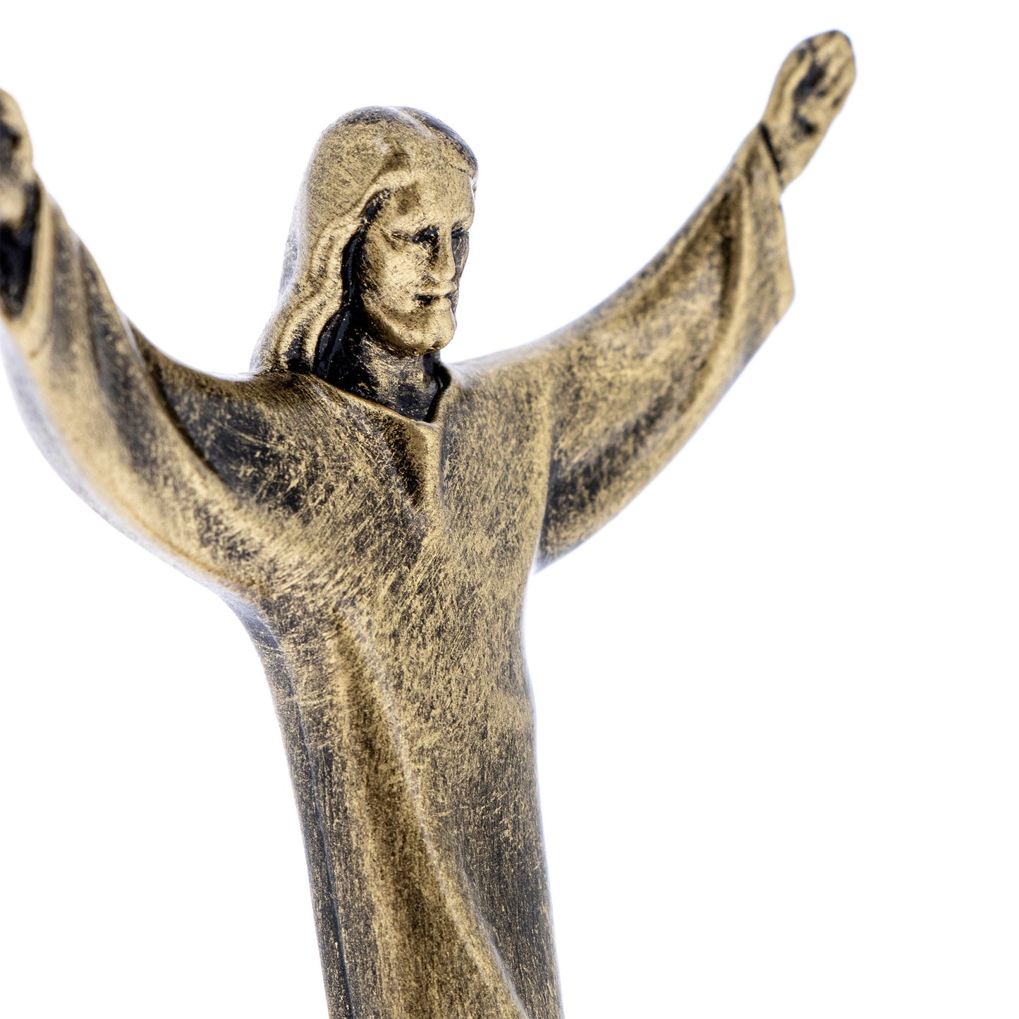 Statua Cristo Risorto in metallo bronzato e base in legno d'ulivo. Altezza 11 cm