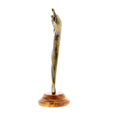 Statua Cristo Risorto in metallo bronzato e base in legno d'ulivo. Altezza 11 cm