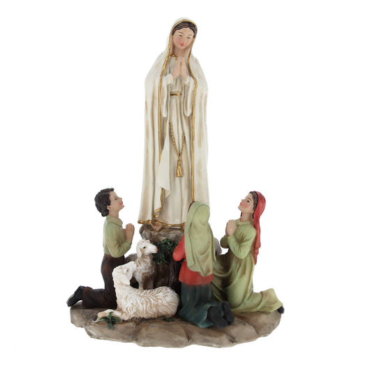 Statua Madonna di Fatima con i tre pastorelli in resina. Altezza 20 cm