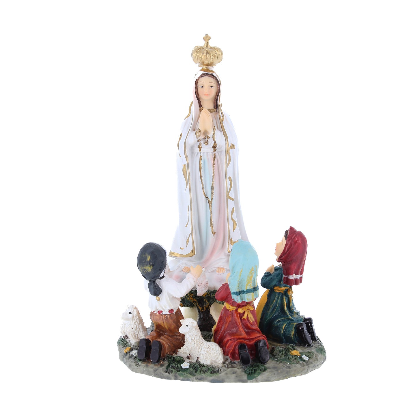 Statua Madonna di Fatima con i tre pastorelli in resina. Altezza 16 cm