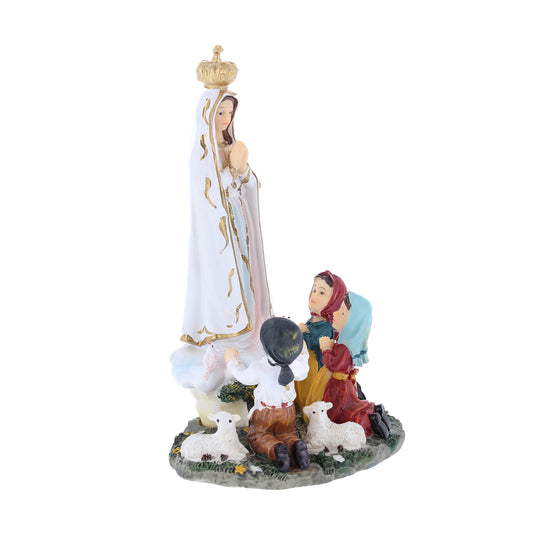 Statua Madonna di Fatima con i tre pastorelli in resina. Altezza 16 cm