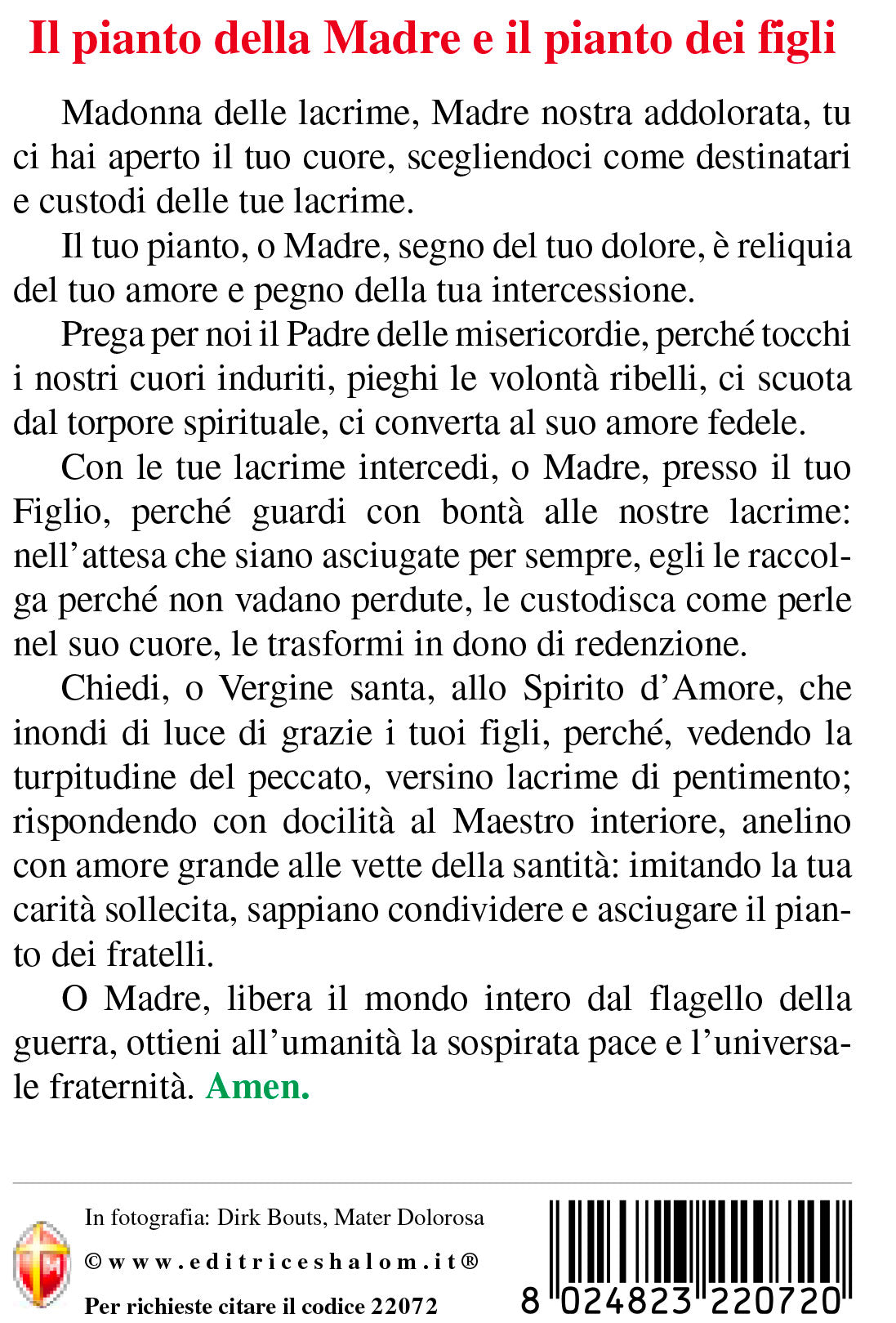 Cartolina Mater Dolorosa. Retro "Il pianto della Madre e il pianto dei figli" 
