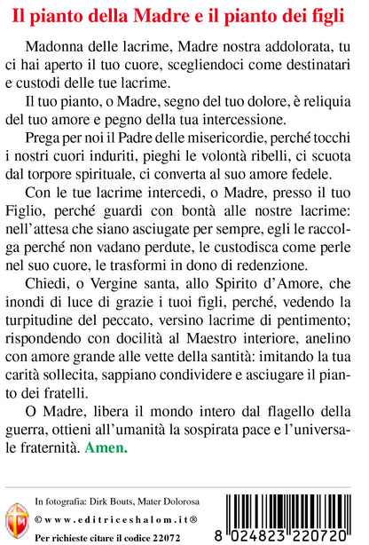 Cartolina Mater Dolorosa. Retro "Il pianto della Madre e il pianto dei figli" 
