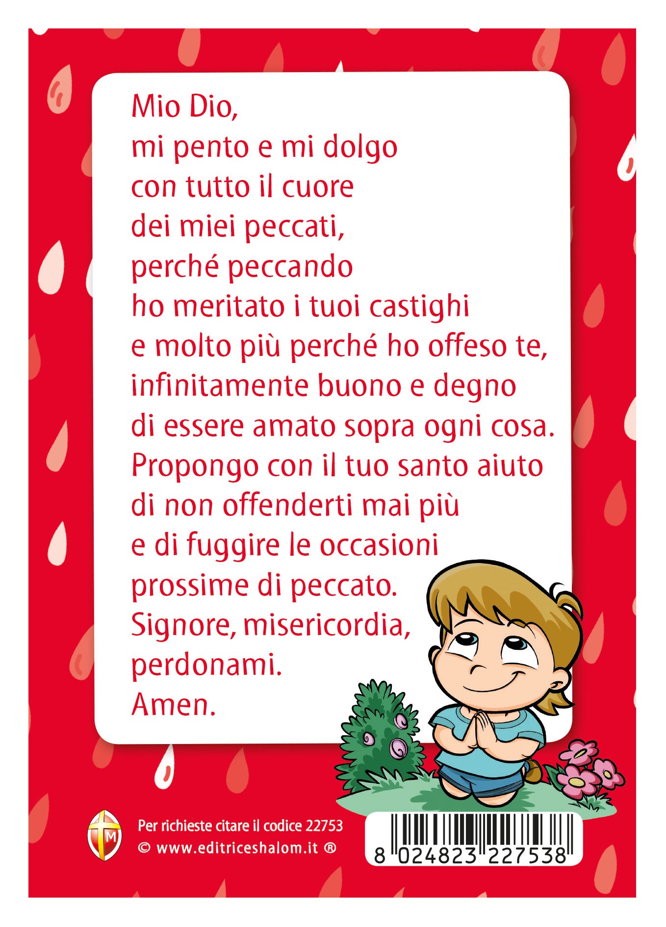 Cartolina immagine bambino che prega con retro Atto di Dolore - per bambini