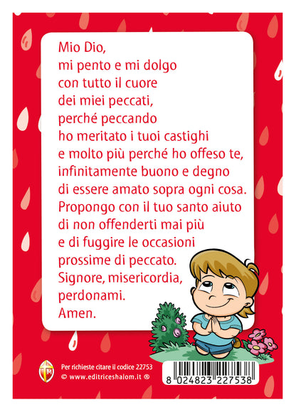 Cartolina immagine bambino che prega con retro Atto di Dolore - per bambini