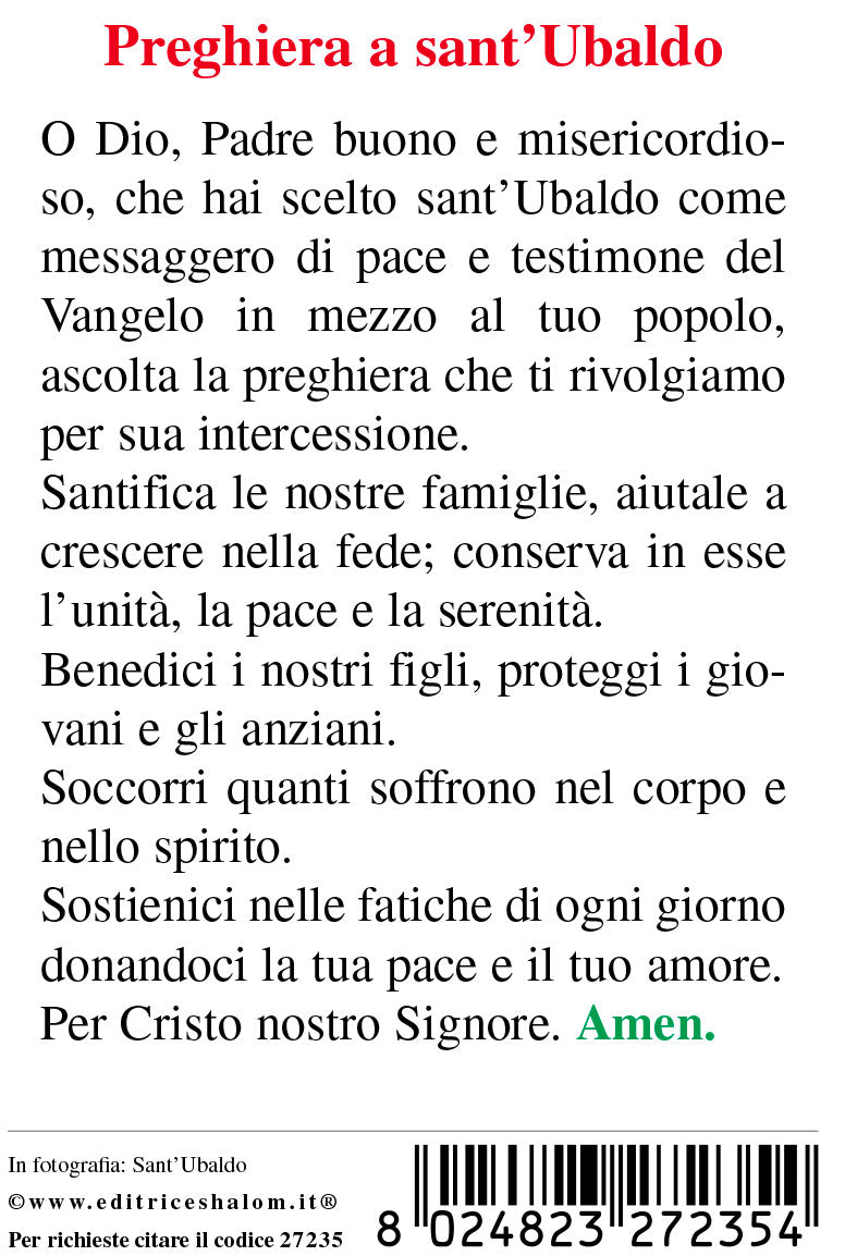 Santino sant'Ubaldo. Sul retro "Preghiera a sant'Ubaldo"