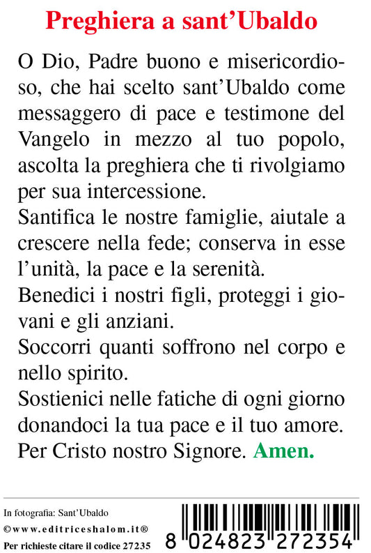 Santino sant'Ubaldo. Sul retro "Preghiera a sant'Ubaldo"