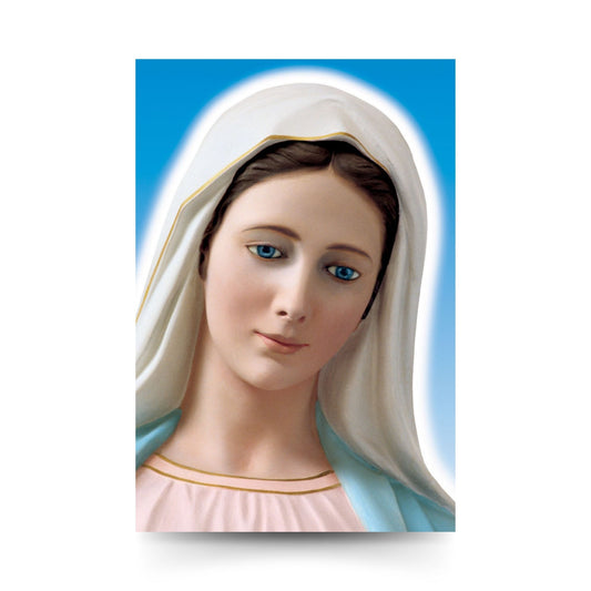 Cartolina beata Vergine Maria frontale. Sul retro "Preghiera di consacrazione al cuore immacolato di Maria" 