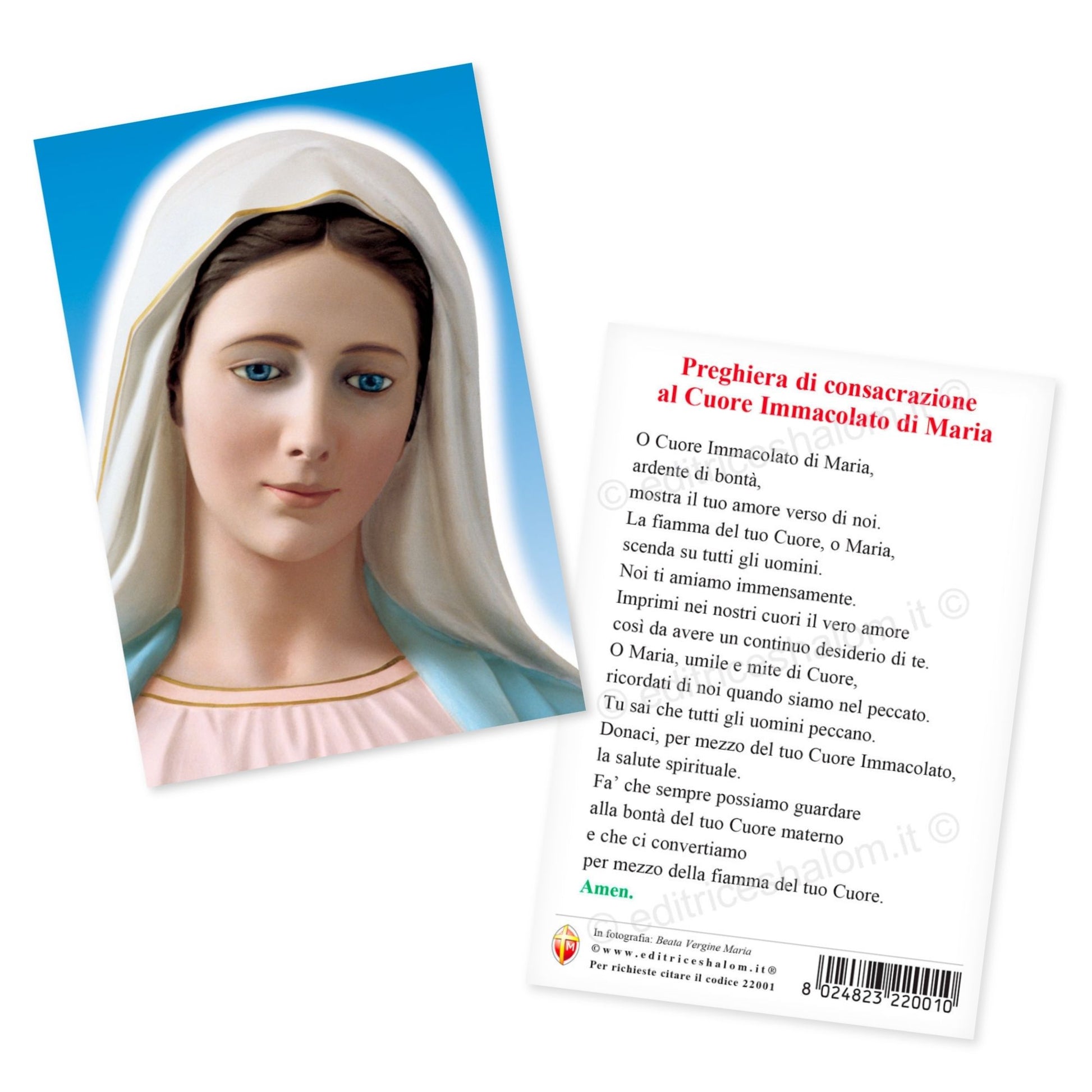 Cartolina beata Vergine Maria frontale. Sul retro "Preghiera di consacrazione al cuore immacolato di Maria" 