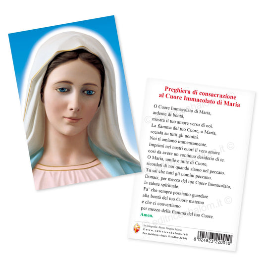 Cartolina beata Vergine Maria frontale. Sul retro "Preghiera di consacrazione al cuore immacolato di Maria" 