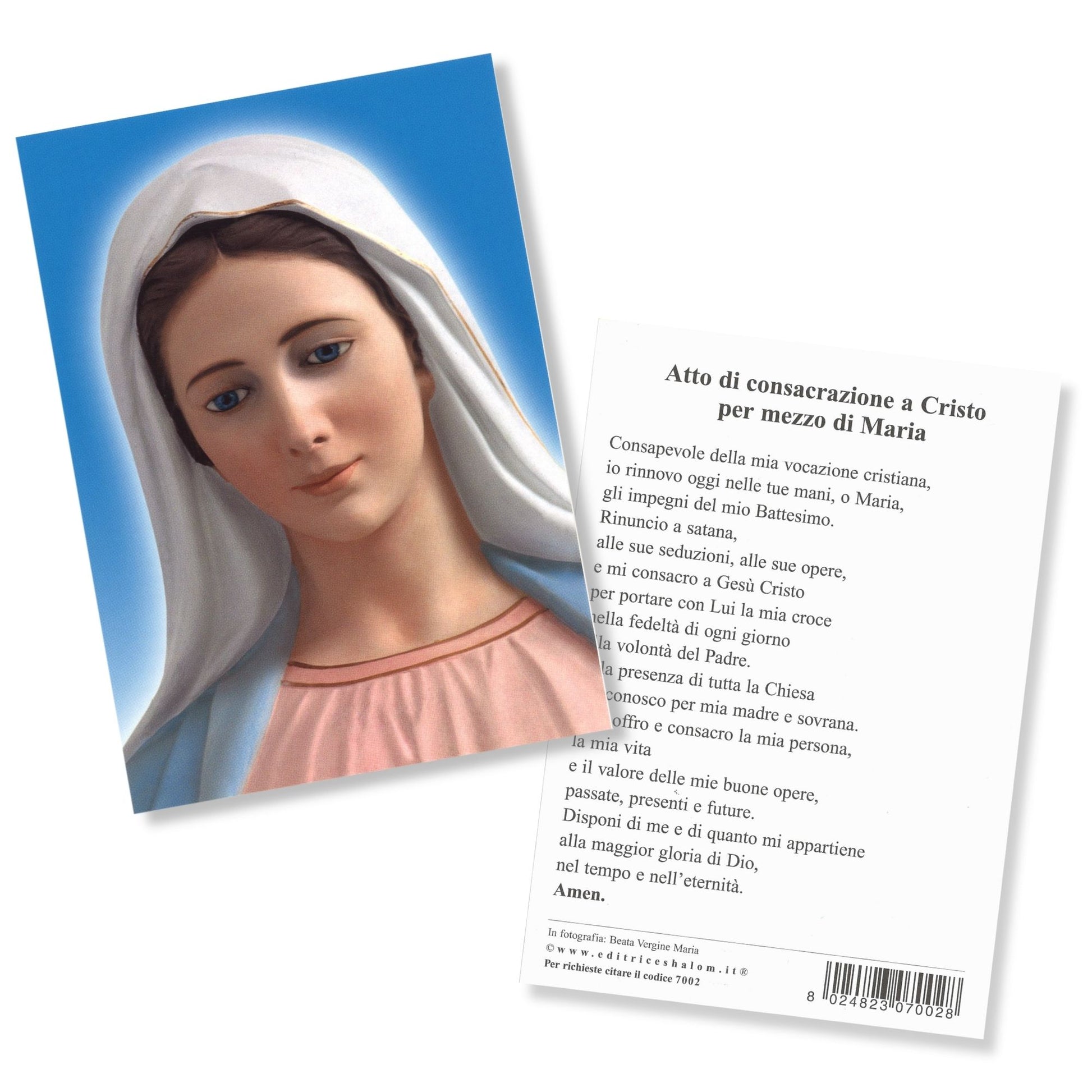 Cartolina beata Vergine Maria frontale. Sul retro "Consacrazione a Cristo  per mezzo di Maria" 