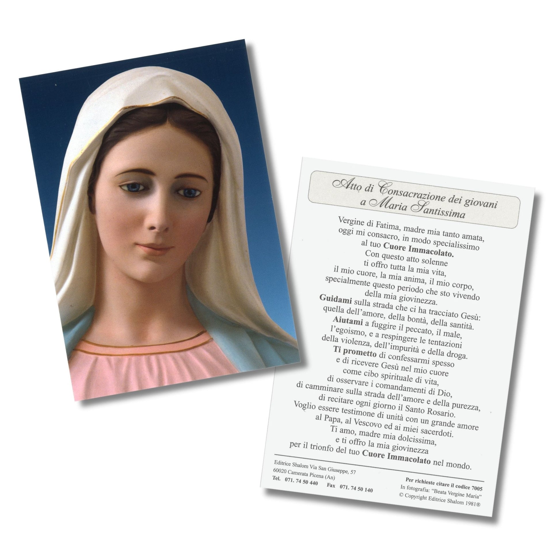 Cartolina beata Vergine Maria frontale. Sul retro "Consacrazione dei giovani a Maria santissima" 