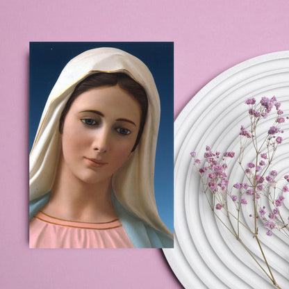 Cartolina beata Vergine Maria frontale con la scritta "Io ti amo". Sul retro "Preghiera di consacrazione al cuore immacolato di Maria" 