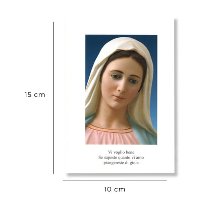 Cartolina beata Vergine Maria frontale con la scritta "Se sapessi quanto ti amo, piangeresti di gioia". Sul retro "Abbandonarsi alla Divina Provvidenza" 