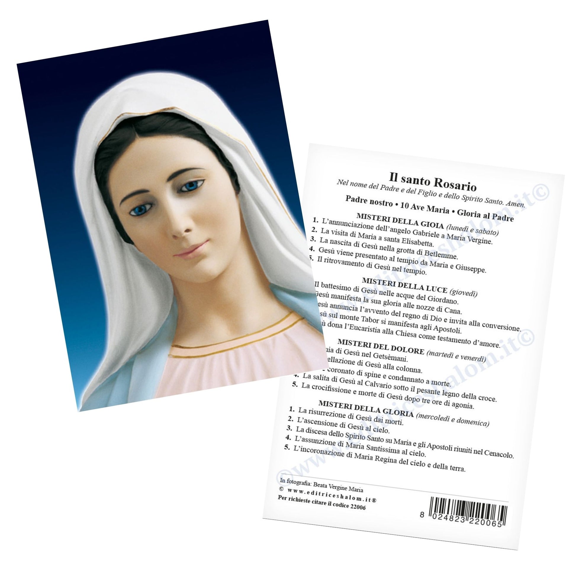 Cartolina beata Vergine Maria frontale. Sul retro "Il santo Rosario"