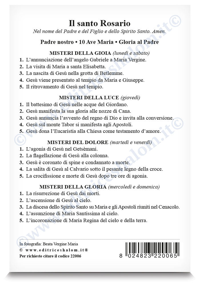 Cartolina beata Vergine Maria frontale. Sul retro "Il santo Rosario"