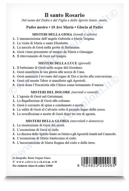 Cartolina beata Vergine Maria frontale. Sul retro "Il santo Rosario"