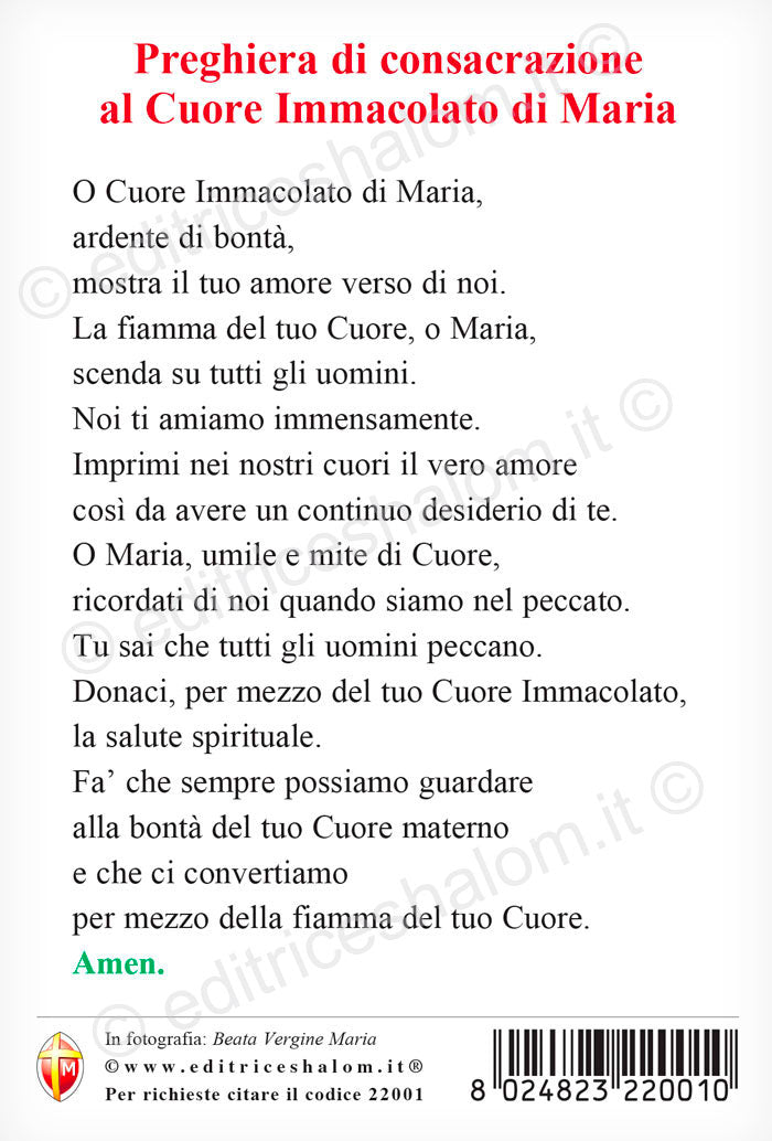 Cartolina beata Vergine Maria frontale. Sul retro "Preghiera di consacrazione al cuore immacolato di Maria" 