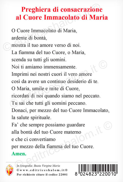 Cartolina beata Vergine Maria frontale. Sul retro "Preghiera di consacrazione al cuore immacolato di Maria" 