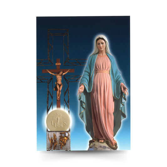 Cartolina beata Vergine Maria con crocifisso e tabernacolo. Sul retro "Consacrazione dei malati alla Madonna"