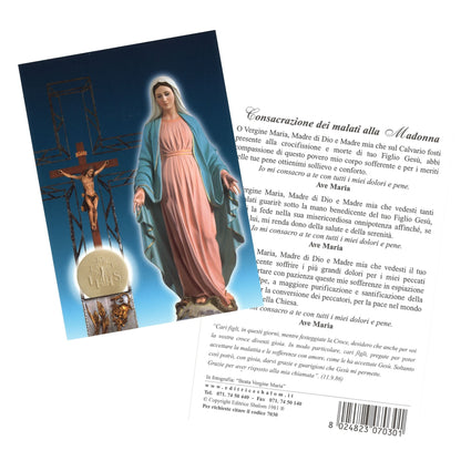 Cartolina beata Vergine Maria con crocifisso e tabernacolo. Sul retro "Consacrazione dei malati alla Madonna"