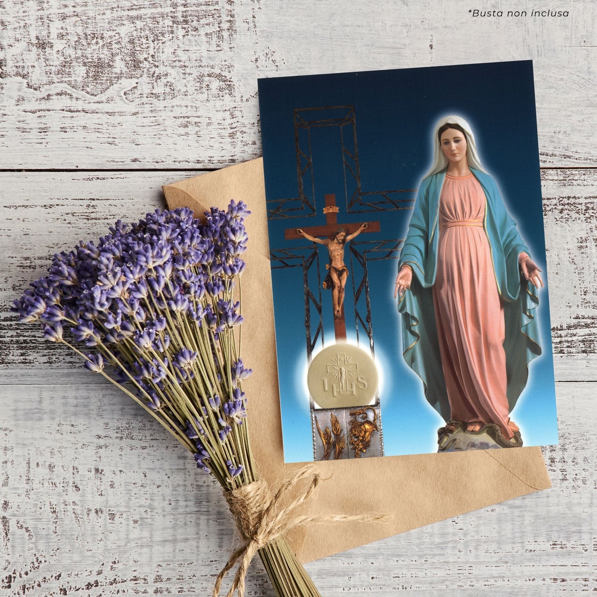 Cartolina beata Vergine Maria con crocifisso e tabernacolo. Sul retro "Consacrazione dei malati alla Madonna"