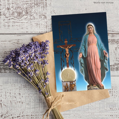 Cartolina beata Vergine Maria con crocifisso e tabernacolo. Sul retro "Consacrazione dei malati alla Madonna"