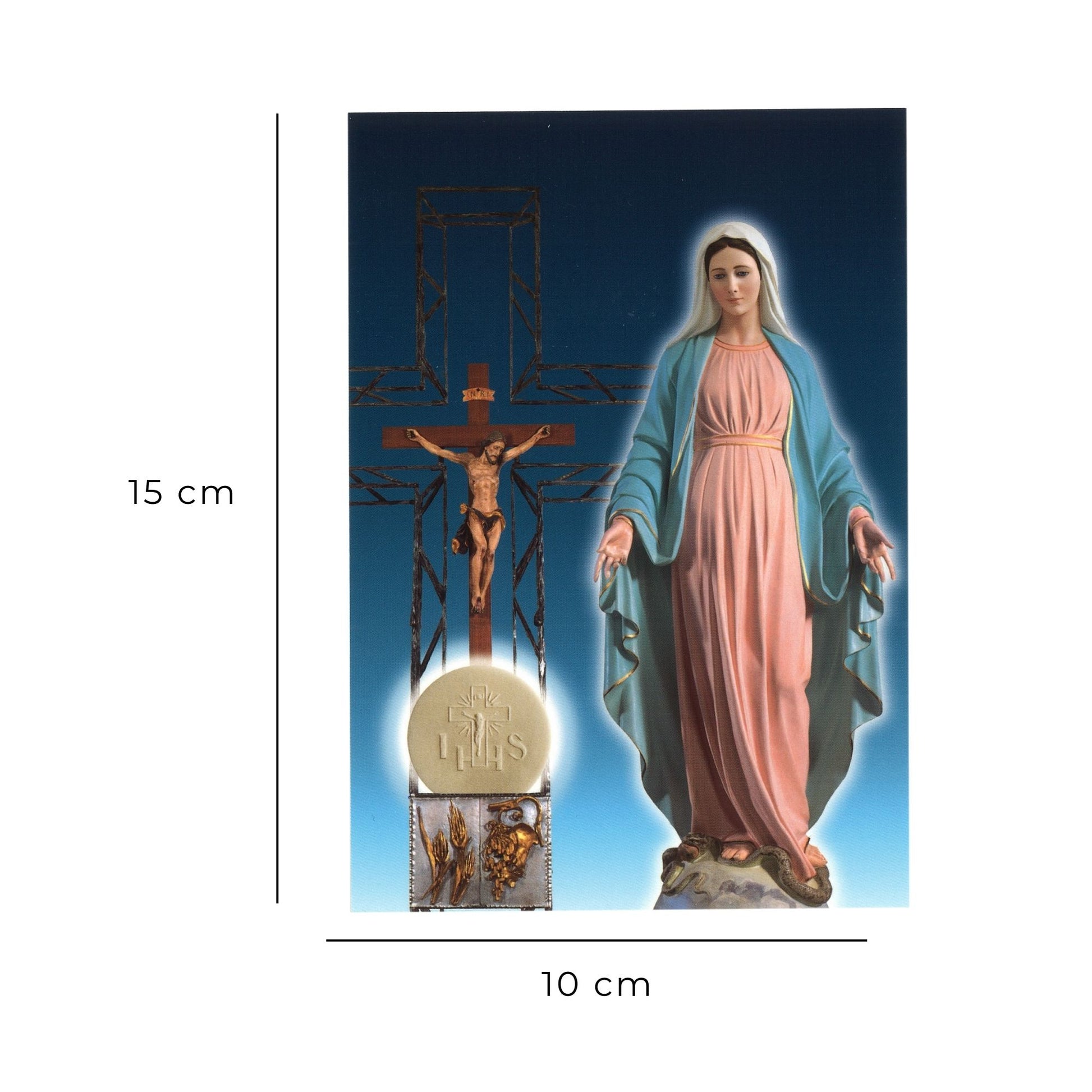 Cartolina beata Vergine Maria con crocifisso e tabernacolo. Sul retro "Consacrazione dei malati alla Madonna"