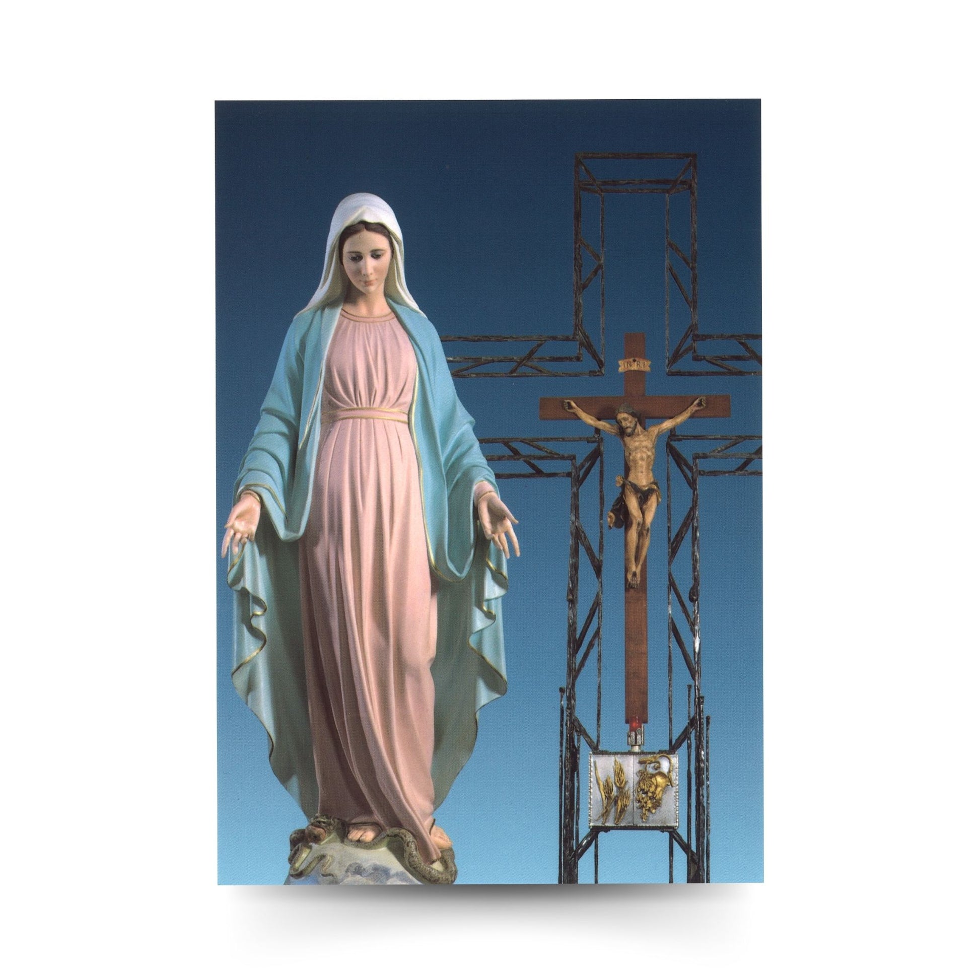 Cartolina beata Vergine Maria con crocifisso e tabernacolo. Sul retro "Preghiera per l'ammalato"