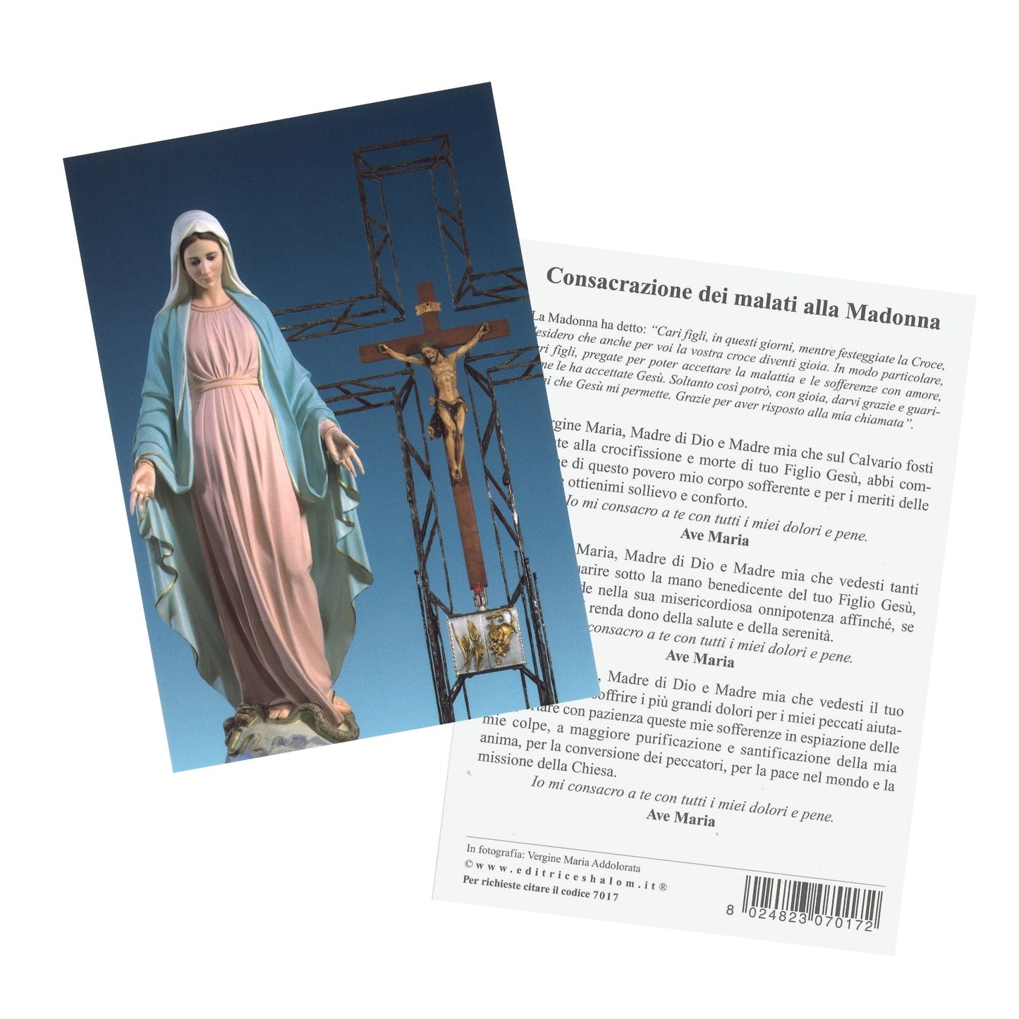 Cartolina beata Vergine Maria con crocifisso e tabernacolo. Sul retro "Preghiera per l'ammalato"