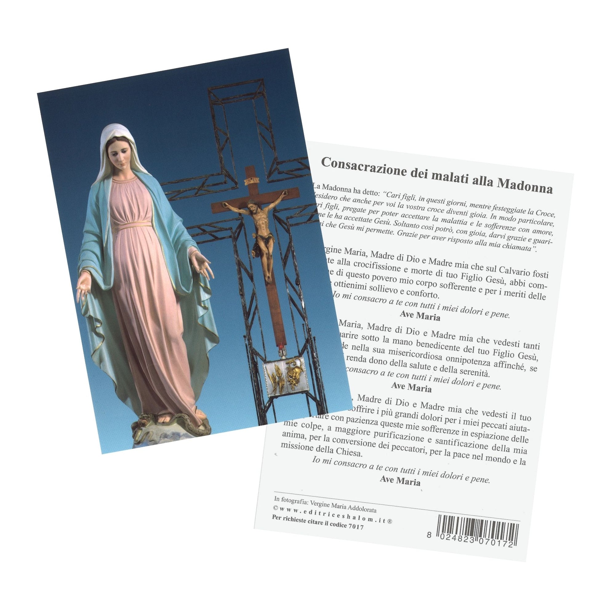 Cartolina beata Vergine Maria con crocifisso e tabernacolo. Sul retro "Preghiera per l'ammalato"