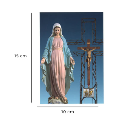 Cartolina beata Vergine Maria con crocifisso e tabernacolo. Sul retro "Preghiera per l'ammalato"