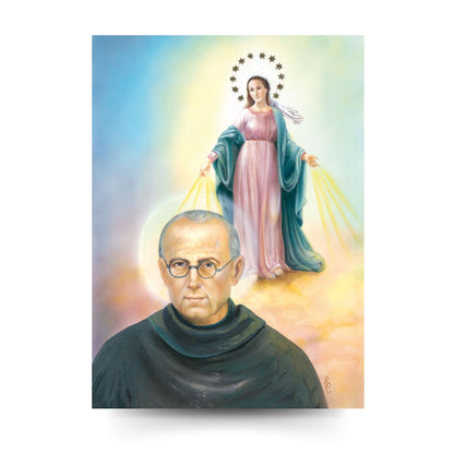 Cartolina beata Vergine Maria immacolata e Massimiliano Kolbe. Sul retro " Solenne consacrazione all'Immacolata"