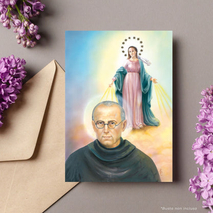 Cartolina beata Vergine Maria immacolata e Massimiliano Kolbe. Sul retro " Solenne consacrazione all'Immacolata"