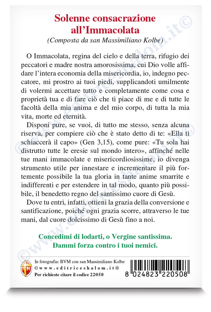 Cartolina beata Vergine Maria immacolata e Massimiliano Kolbe. Sul retro " Solenne consacrazione all'Immacolata"