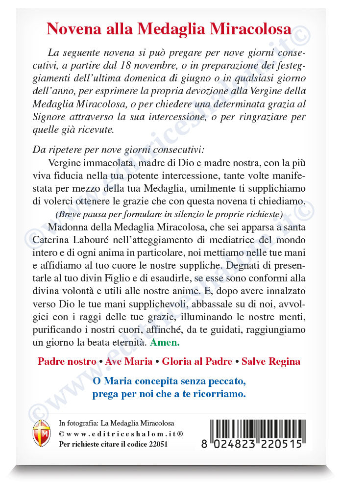 Cartolina Medaglia Miracolosa. Sul retro "Novena alla Medaglia Miracolosa"