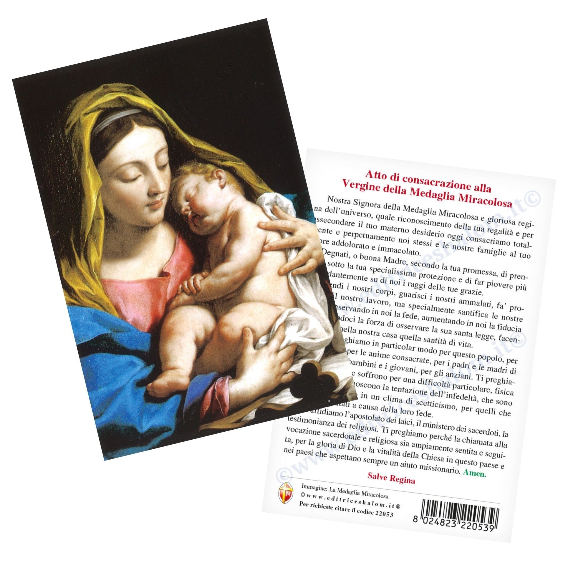 Cartolina Vergine e Gesù Bambino. Sul retro "Brevi formule di consacrazione"