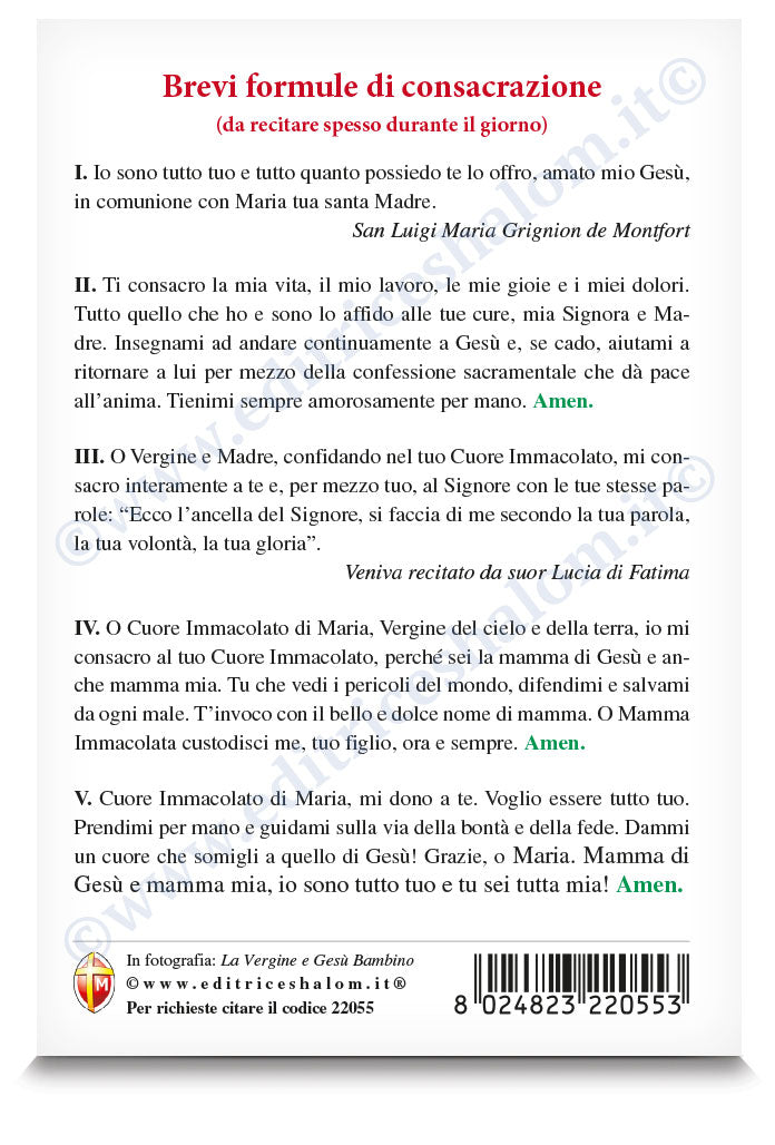 Cartolina Vergine e Gesù Bambino. Sul retro "Brevi formule di consacrazione"