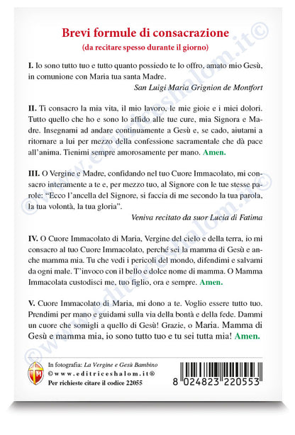 Cartolina Vergine e Gesù Bambino. Sul retro "Brevi formule di consacrazione"